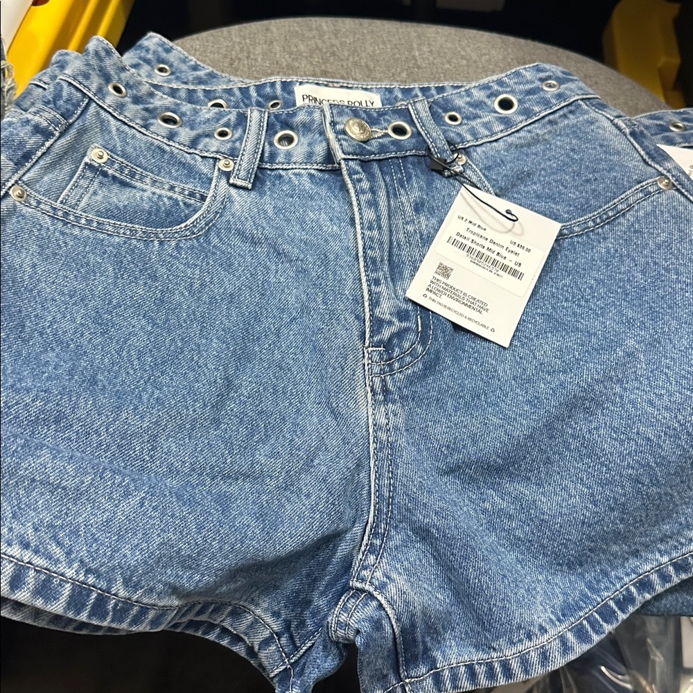 Princess‎ Polly Tropicana Denim Eyelet Detail Shorts Mid Blue NWT Size 2 - Picture 5 of 6